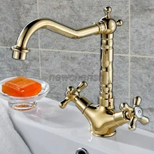 Золотой Цвет латунь двойной крест поворотной ручкой Кухня раковина смеситель бассейна Нажмите csf096