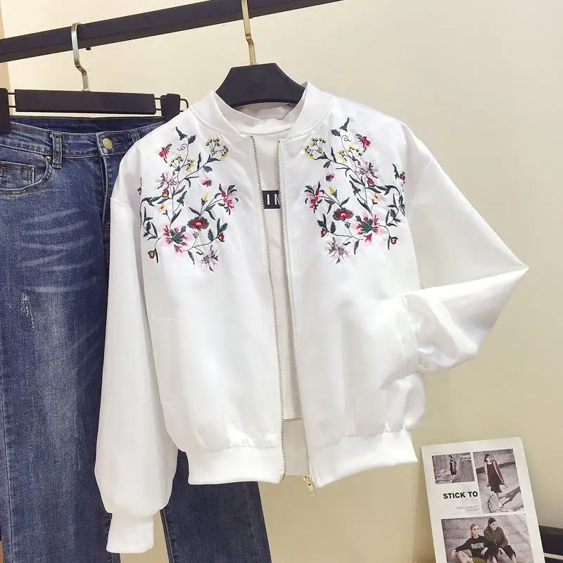 Plus Size 3XL Spring Jacket Women Black Floral Embroidery Bomber Jacket Women Basic Coats Baseball Uniform Womens Jackets C4254