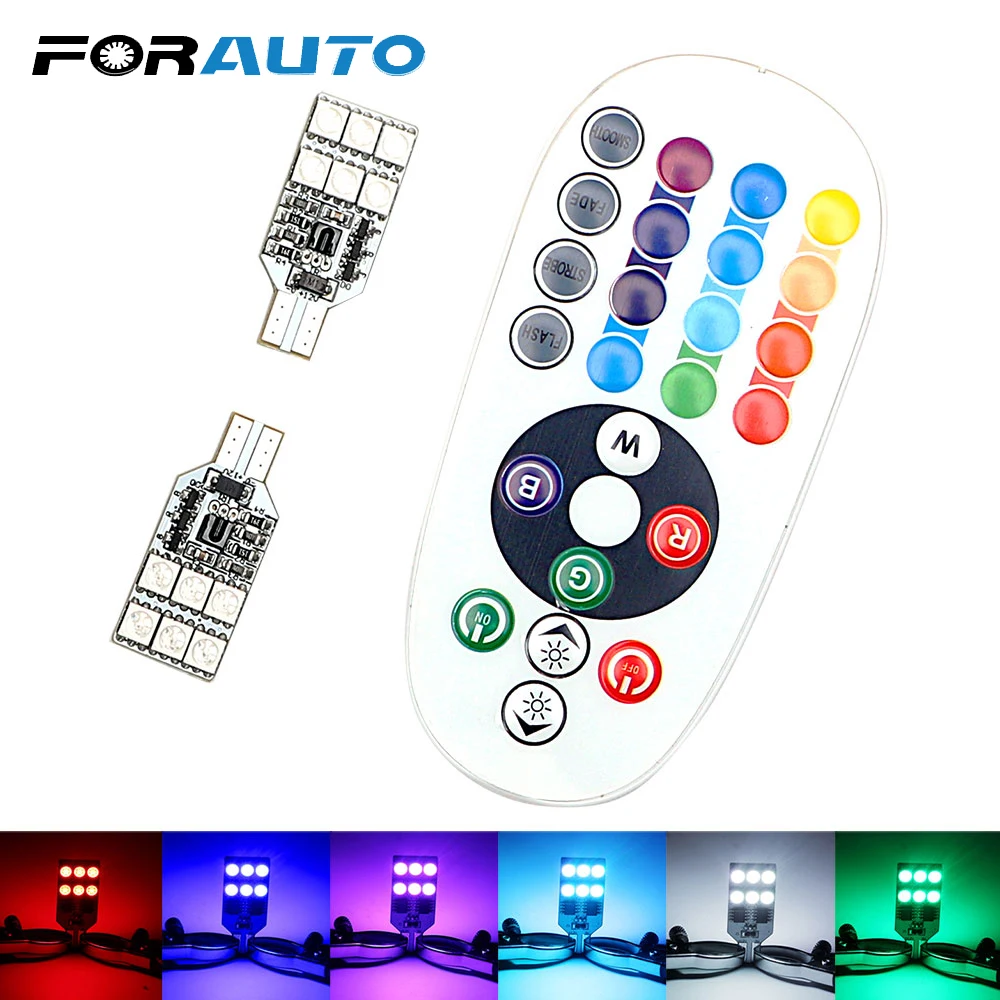 

FORAUTO 2pcs Dome Sourcing T 10 SMD 5050 16 Colors LED Car Side Wedge Light Remote Control W5W 12 LED RGBW Universal Colorful