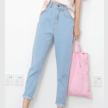 

2019 New Women High Waist Plus Size Jeans Solid Pockets Denim Pants Korea Loose Pencil Trousers