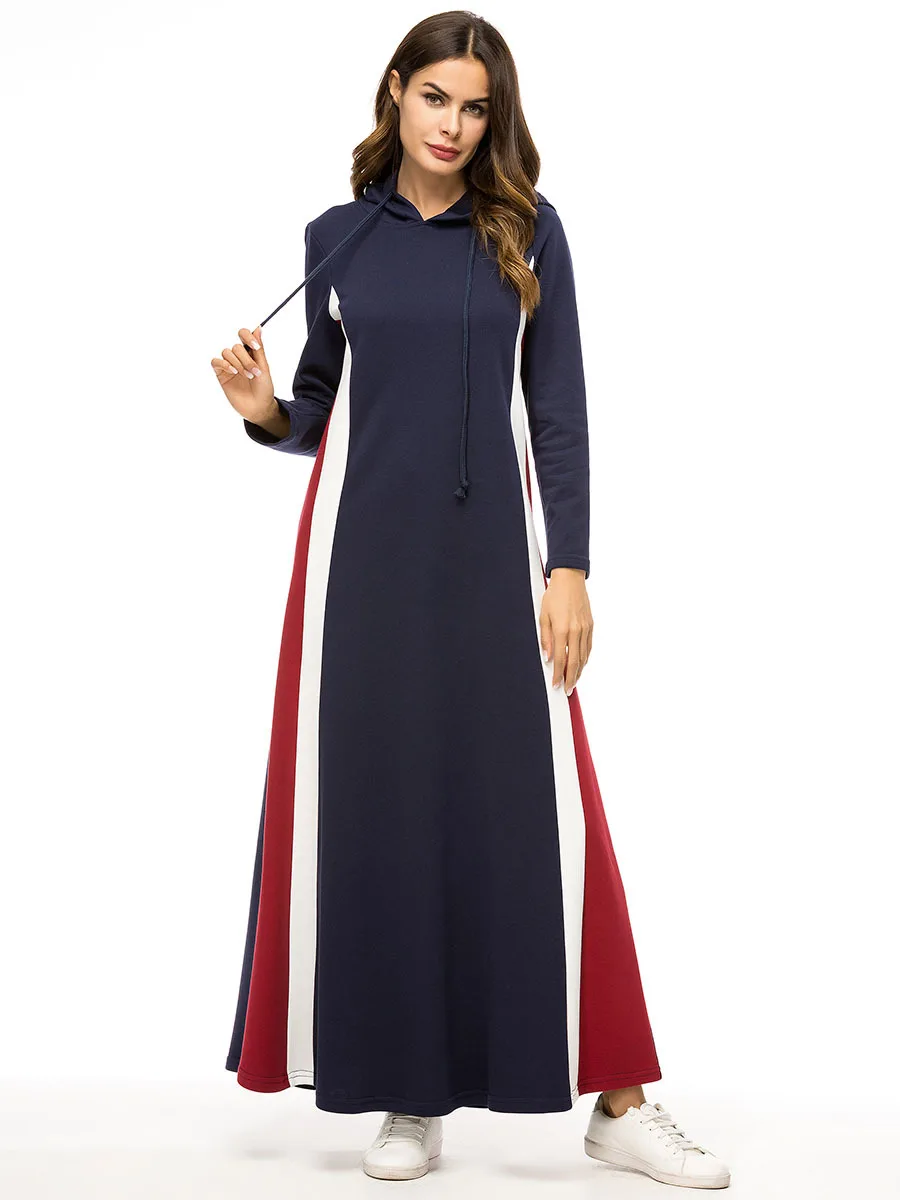 Siskakia, длинное платье с капюшоном, утолщенное, осень, модное, в полоску, цвет, блок, повседневное, макси, платья с длинным рукавом, синий, мусульманская одежда, Новинка