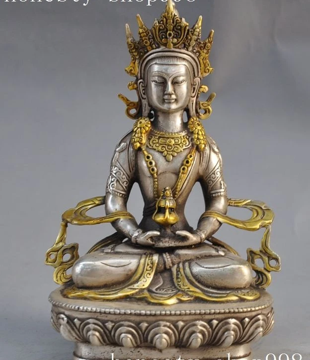 

8"Old Tibet buddhism silver Amitayus Guanyin Kwan-yin Bodhisattva buddha Statue