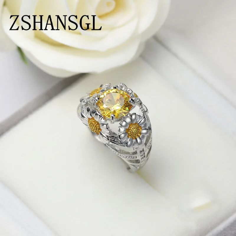 Роскошное женское кольцо с большим кристаллом, CZ, цветок, Boho, 925 пробы, серебряное, белое, желтое, кольцо для помолвки, кольца для женщин