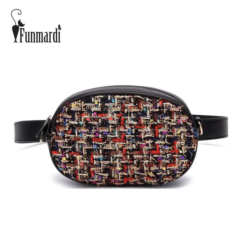 FUNMARDI الفاخرة الصوف القماش النساء الخصر أكياس العلامة التجارية تصميم بو الجلود الخصر حزم الأزياء حقائب النساء سلسلة حقيبة كتف WLHB1760