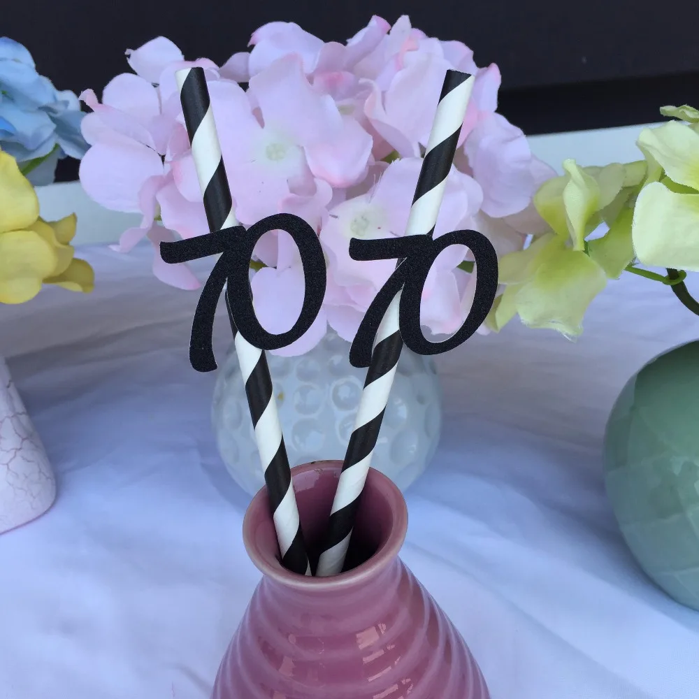 Happy 70th Birthday Party Decoration Paper Straws 25 Ct Black