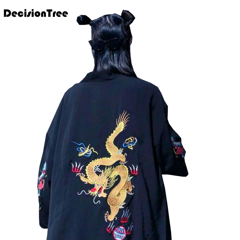 

2019 summer stried kimono arrival sleeve split casual kimono Japanese Cartoon Printed Loose Tops Blusas Dragon Embroidery Kimono
