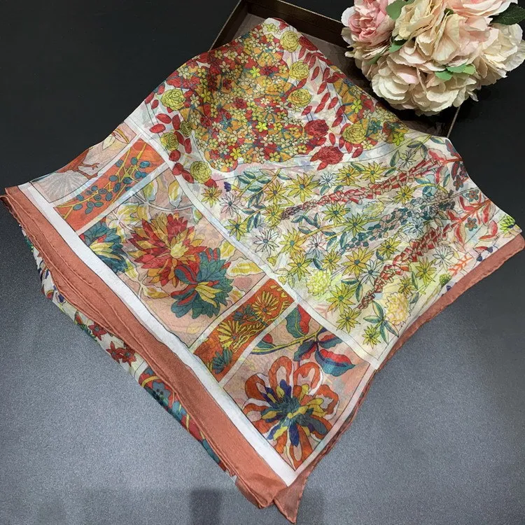 

Floral Printing Scarf Pure Silk Chiffon Blended Ladies Female Scarves Women Sunscreen Shawls Wraps 140*140cm Handmade Hemming