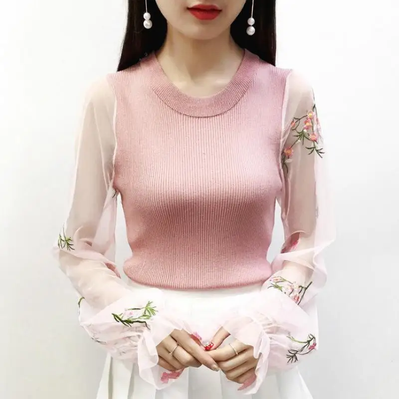 

2018 Autumn Ladies Mesh Perspective Stitching Embroidery Sweater Slim Harajuku Round Neck Lantern Sleeve Shirt Ladies Sw