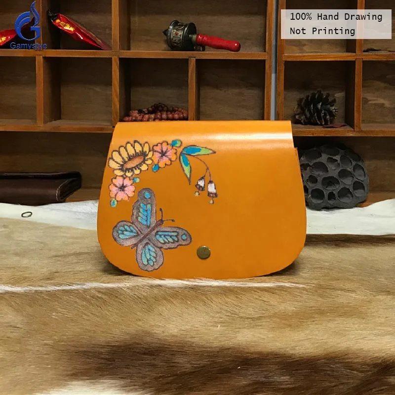 

Full Grain Vegetable Tanned Leather Women Handbag Mini Fashion Bag Hand Painted Graffiti chrysalis and flowers Crossbody Bags