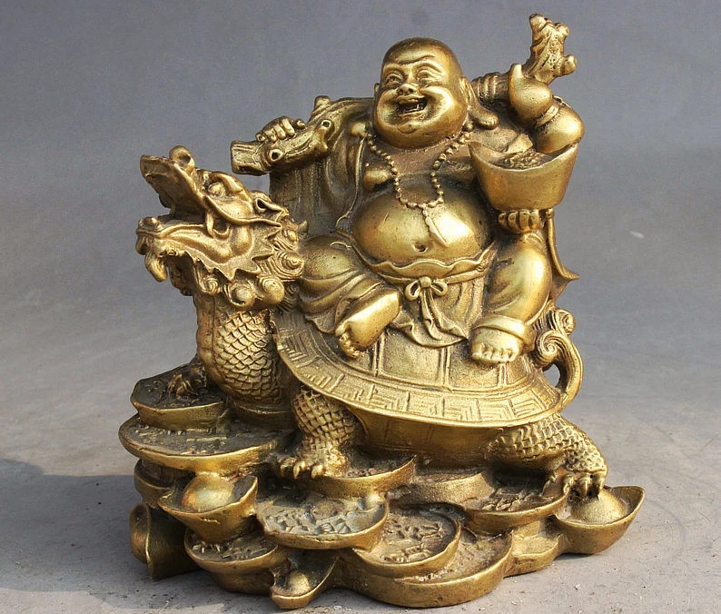 SCY China Brass Yuanbao Happy Laugh Maitreya Buddha Dragon Tortoise Turtle Statue | Дом и сад