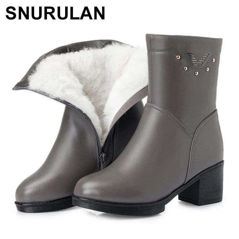 

SNURULAN Natural Wool Women Winter Shoes Warmest Genuine Leather Handmade Women Winter Ankle Boots Fashion Zip Round top Shoes