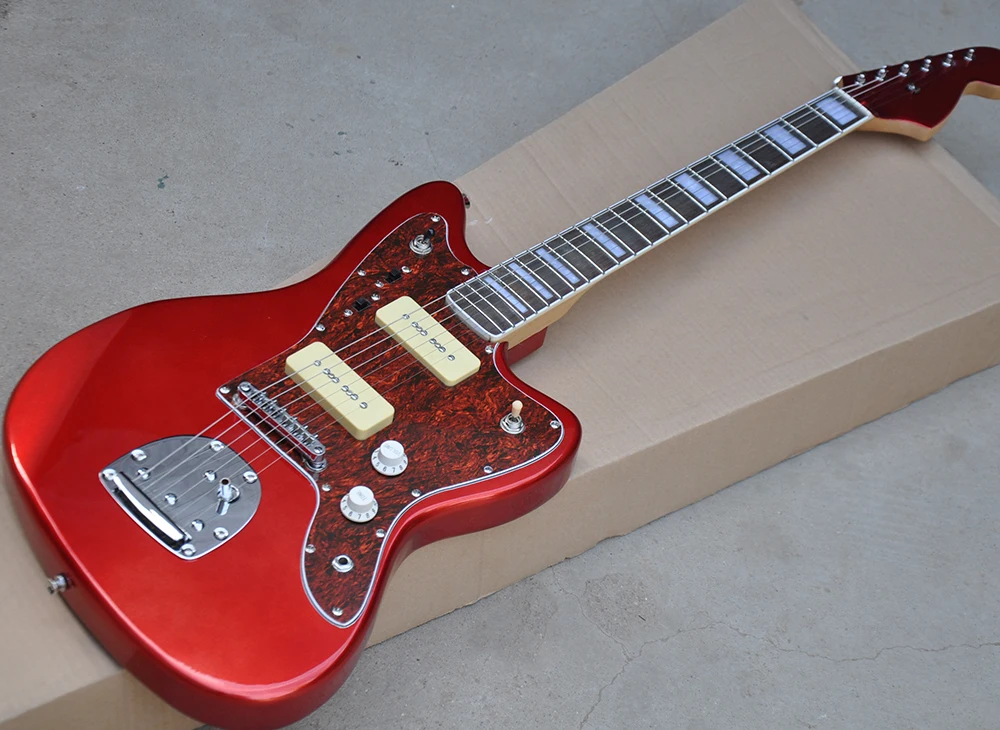 

Factory custom metallic red electric guitar with P90 pickups,Rosewood fretboard,Red pearl pickguard,Strings-thru-body
