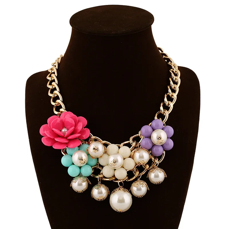 Fashion multi layer resin flower luxurious simulated pearls necklace pendant statement choker necklace for women party