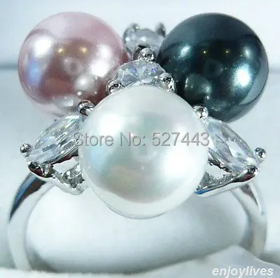

Wholesale FREE SIPP>Black White Pink South Sea Shell Pearl White stone Crystal Ring SZ:6.7.8.9