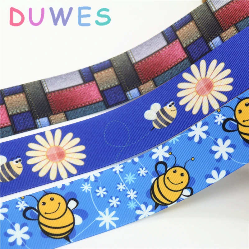 

DUWES 1,5 ''50 ярдов джинсы пчела цветок Печатный grosgrain ленточный аксессуар hairbow головные уборы украшения оптом OEM D859