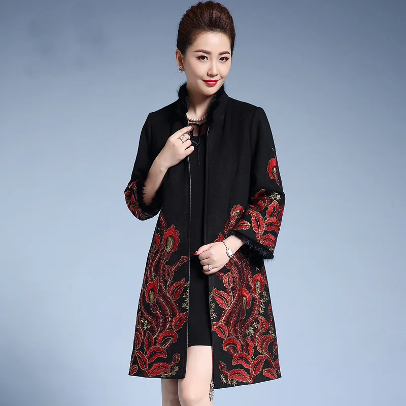 

2019 New Female Jacquard Woolen Coat Women Ethnic Embroidery Cloak Hot Lining Thicken Warm Stand Collar Long Winter Coat 3XL 4XL