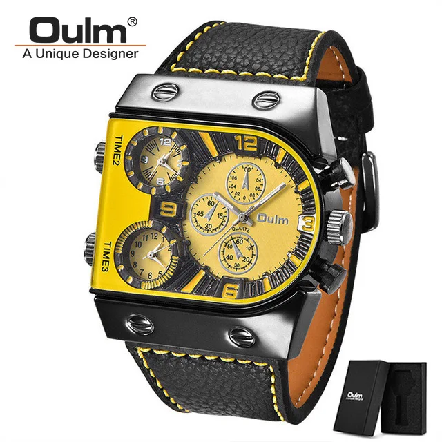Мужские часы Oulm, кварцевые повседневные наручные часы с кожаным ремешком, спортивные часы с несколькими часовыми поясами, армейские военные мужские часы erkek saat - Цвет: C4(with box)