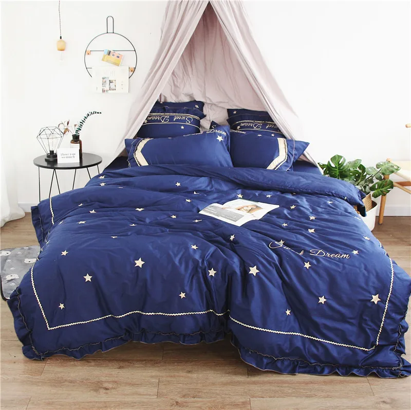 

2018 Egyptian Cotton Luxury blue sky Bedding Sets Bed Sheet Queen King size 4pcs/6pcs Embroidery Duvet Cover Sets