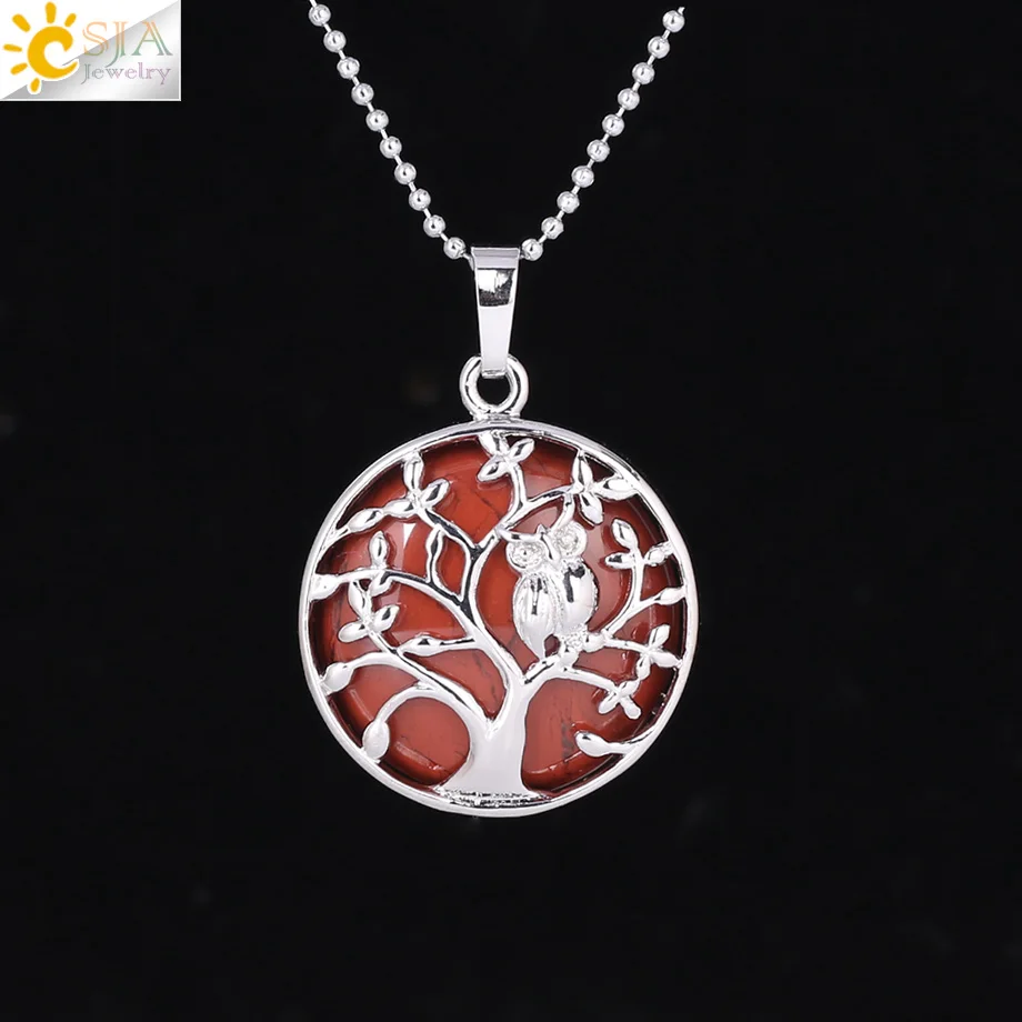 CSJA, ювелирные изделия из натурального камня, ожерелье с кулоном, птица, сова на Древе жизни, Женское Ожерелье, s& Кулоны, трендовые ювелирные изделия для лета F343 - Окраска металла: Red Jasper