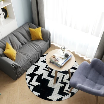 

Round shaped American style natural cowhide patchwork rug ,black striped fur carpet for living room bedroom decoration mat
