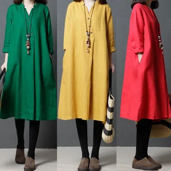 

Spring and Summer New Korean Loose Women's Dresses Fashionable Comfortable Solid V-collar Long-sleeved Cotton and Linen QD31