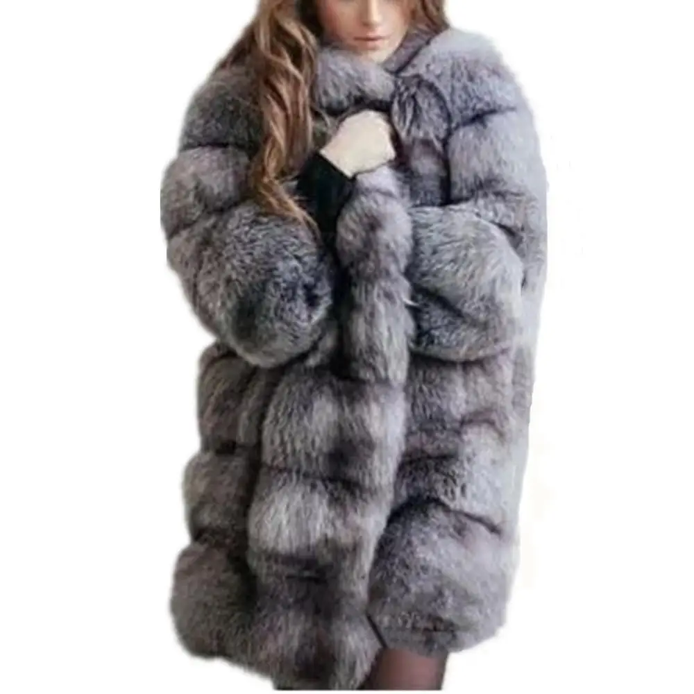 Женское плотное теплое меховое пальто с длинными рукавами и карманами, женские зимние куртки, пушистое пальто из искусственного меха, верхняя одежда, пальто с лисьим мехом