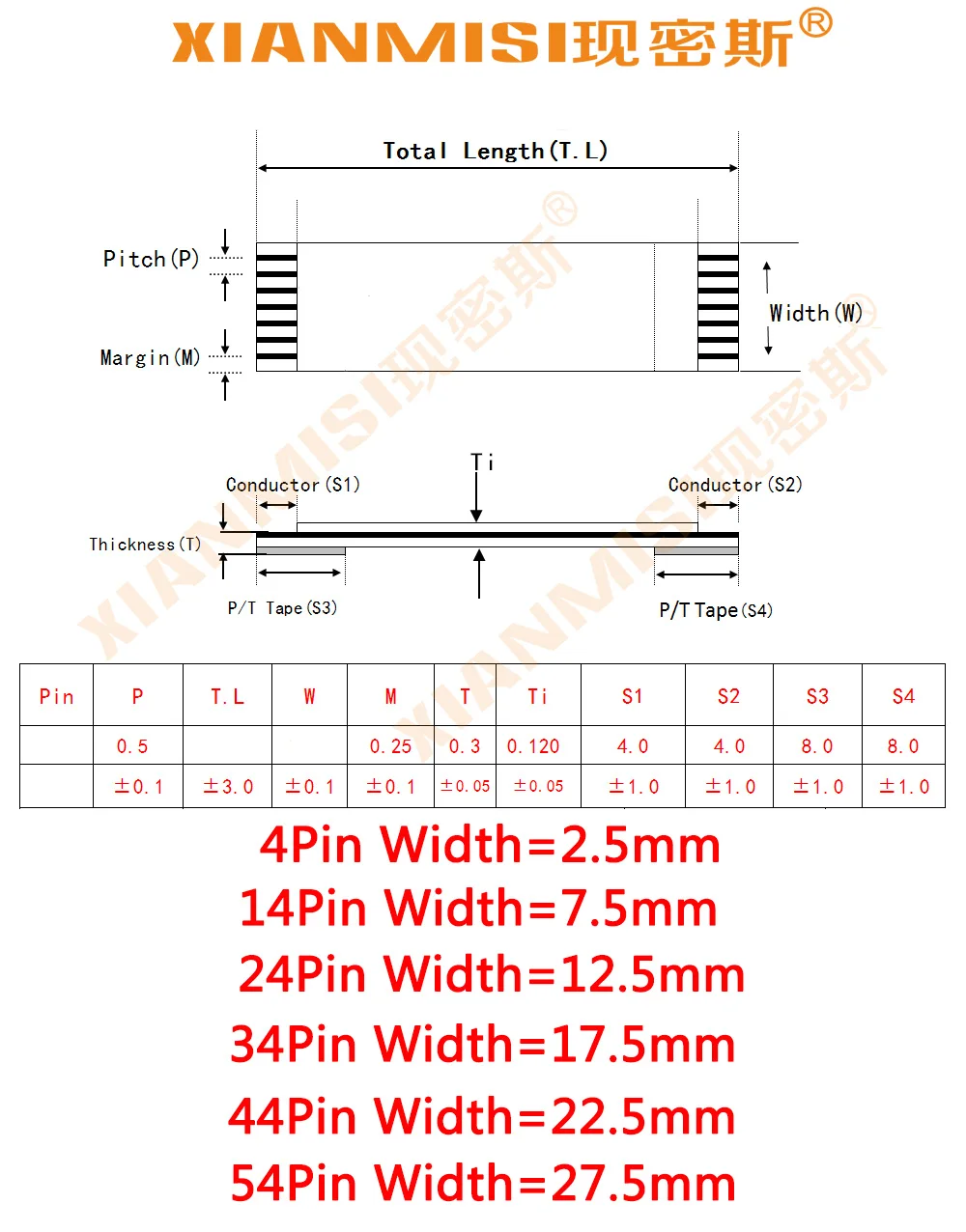 FFC FPC плоский гибкий кабель 4Pin 14Pin 24Pin 34Pin 44Pin 54Pin с одной стороны 0,5 мм Шаг AWM VW-1 20624 20798 80C 60V Длина 10 см 5 шт