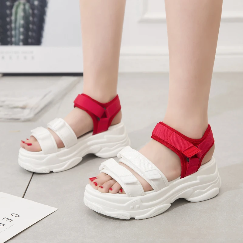 ERNESTNM Women Sandals 2019 Summer Red Chunky Sandals Wedges Stripper Shoes Platform Open Toe Strap High Heels Sandalias Mujer
