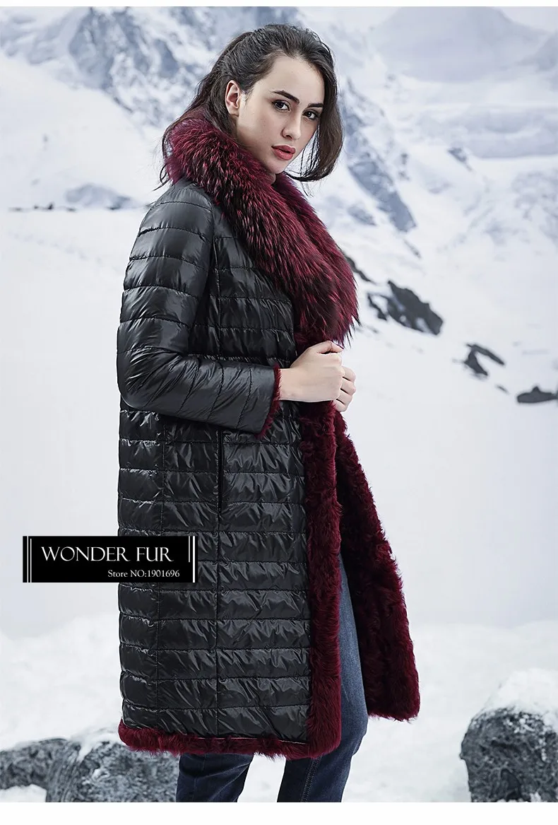 Зимние теплые двухсторонний мех куртка Двусторонняя Овцы шуба для Для женщин Бордо мех ягненка пальто с огромным енот меховой воротник