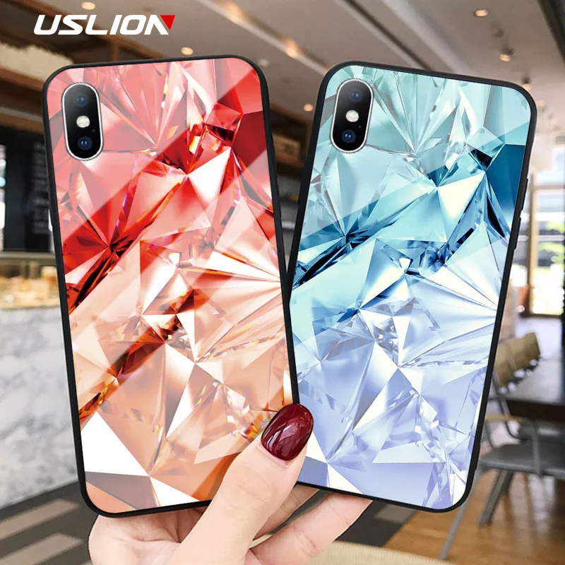 

USLION Tempered Glass Phone Case For iPhone X XR XS Max 3D Glitter Bling Diamond Case For iPhone 6 7 6s 8 Plus Hard Glass Cover