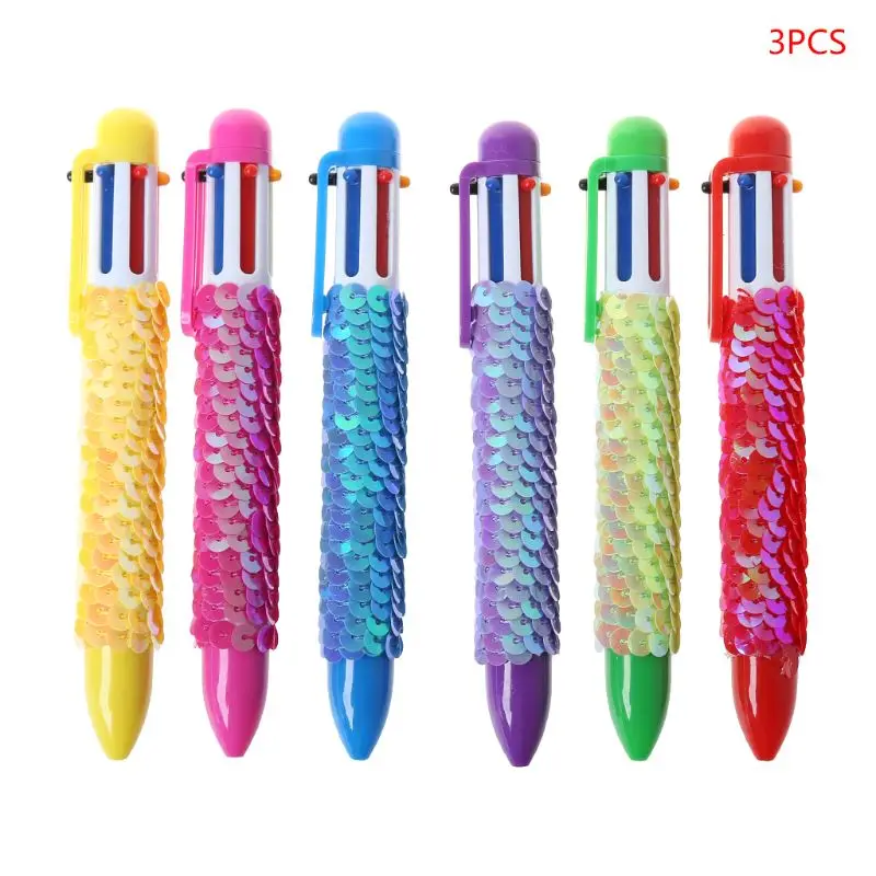 

3pcs Multi-color 6 In 1 Ballpoint Pen Sequin Ball Point Pens Kids School Office Supply Student 14cm Random Delivery J