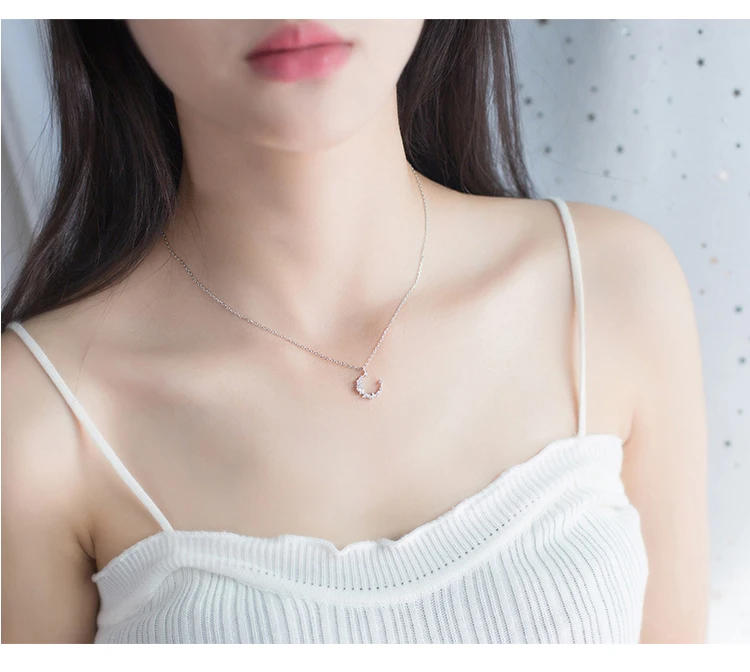 925 стерлингового серебра Irregul Moon ожерелье s Кулон Мода стерлингового серебра ювелирные изделия кубического циркония ожерелье с подвеской в виде листка для женщин