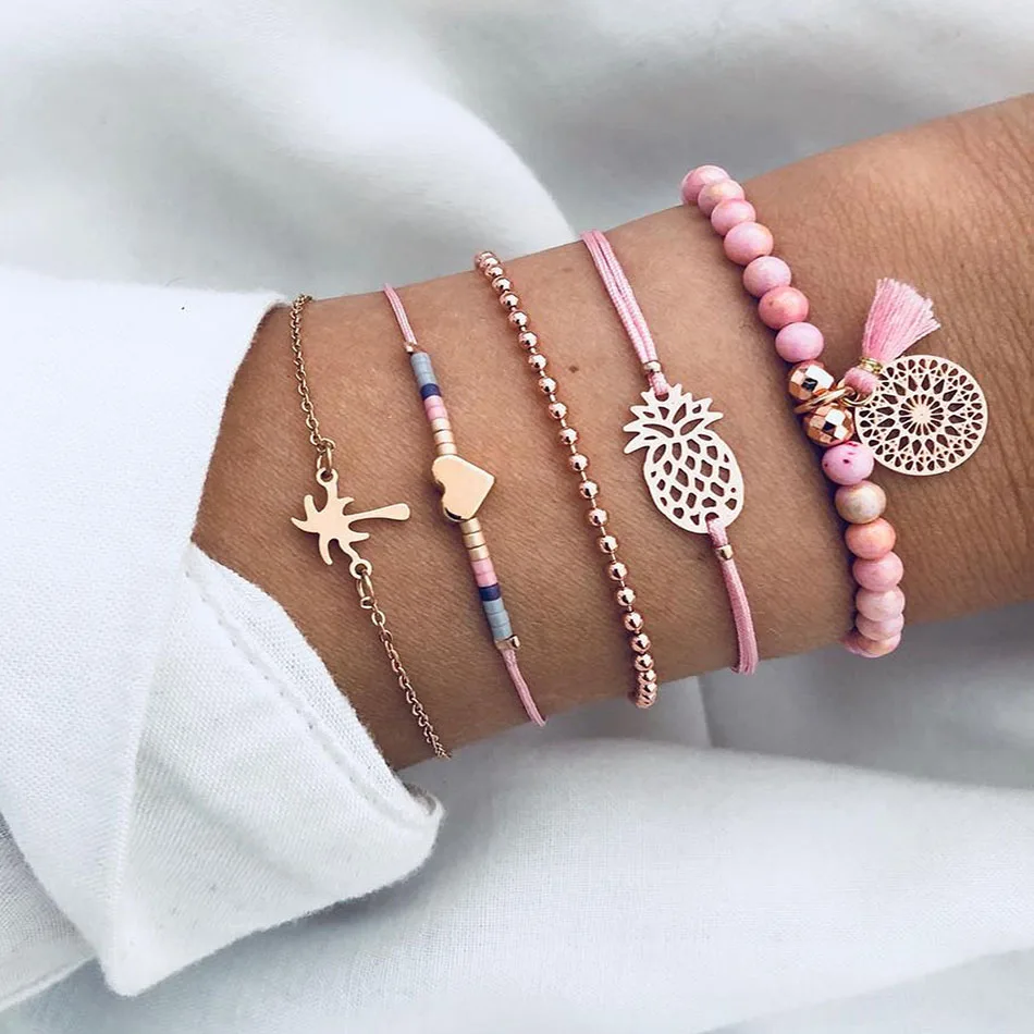 

Bohemian Pink Beaded Bracelets for Women Golden Hollow Pineapple Tree Love Charm Bracelets Sets Female Fashion Jewelry Gifts