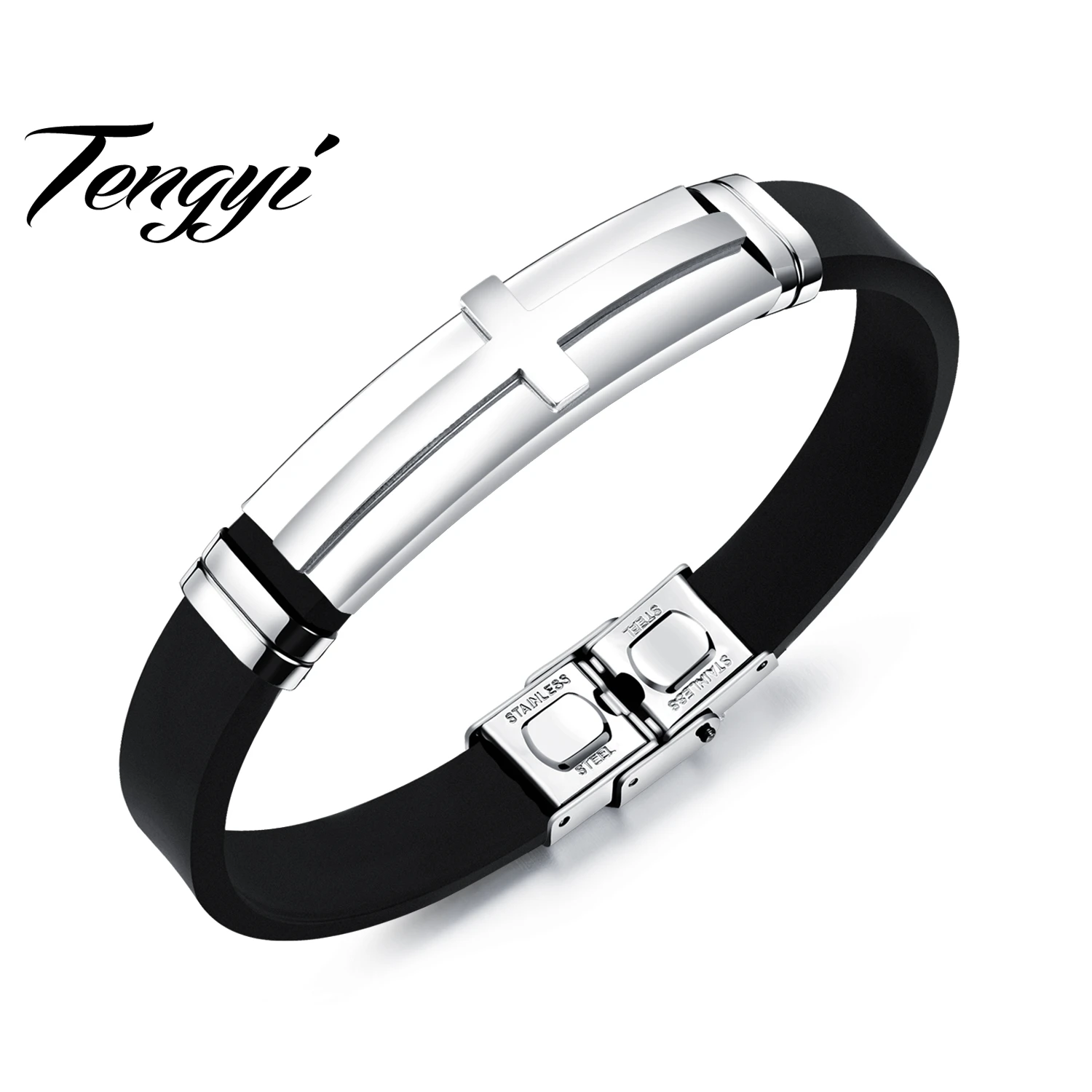 TENGYI 21cm Cross Silicone & Silicone Bracelets & Bangles For Boy Man