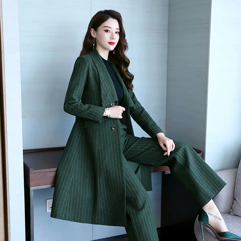 Женский комплект из двух частей: полосатые широкие брюки, осень, корейская мода, Тонкий Блейзер, однобортный, длинный пиджак, брюки, костюм - Цвет: Dark Green