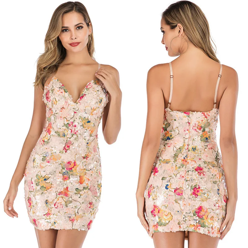 

Club Polyester Sheath Print Sequined Above Knee Mini Spaghetti Strap Natural V-neck Summer 2019 Woman short Dress freeshipping