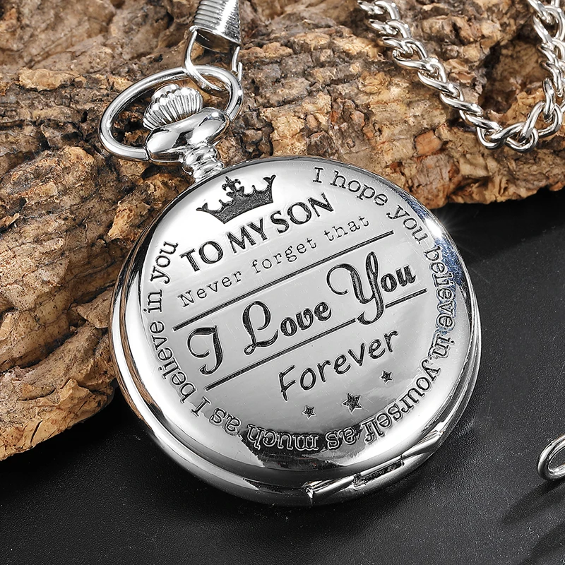 

To My Son Best Gifts I Love You Son Girls Boys Present Silver Steampunk Pocket Watch With FOB Chain For Necklace Pendant Watches