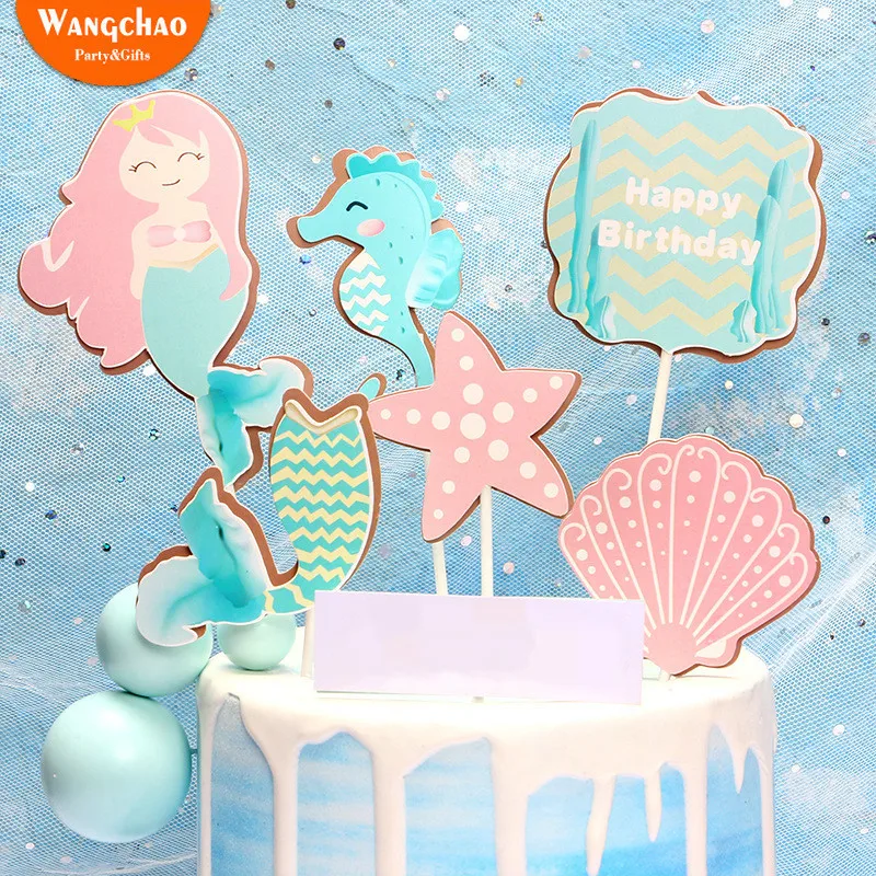 

1 Set Beautiful Happy Birthday Mermaid Theme Cake Topper Shell Sea Star Cake Decoration Girls Fairy Party Pops Supplies