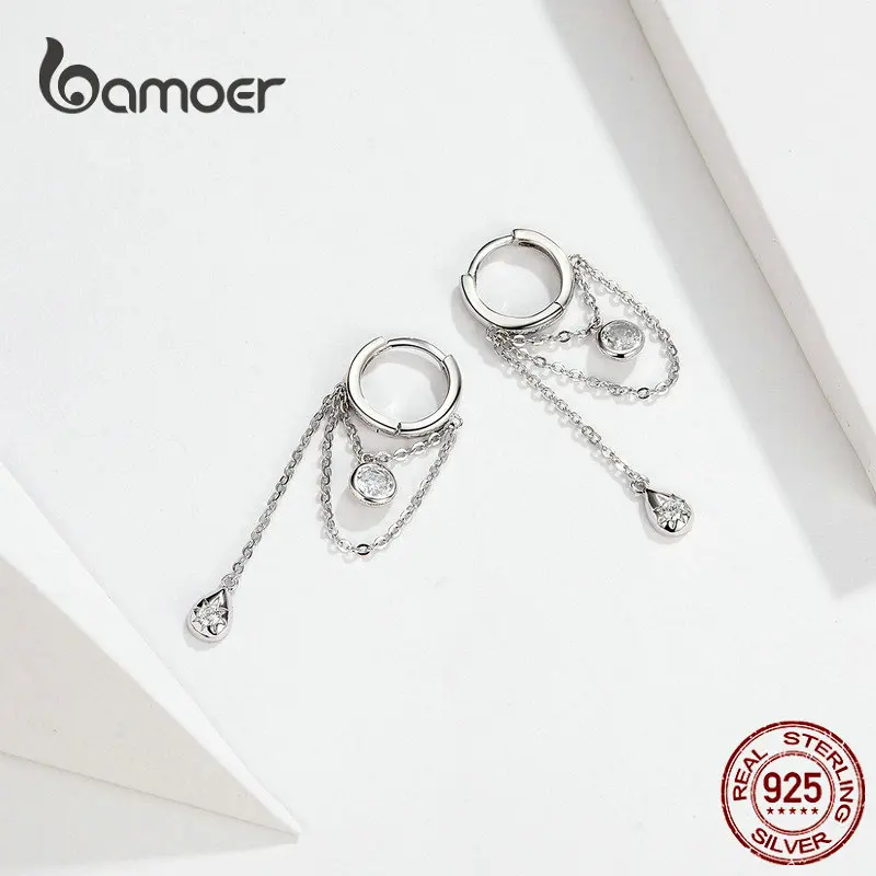 bamoer Waterdrop Round Geometric Chain Dangle Earrings for Women Sterling Silver Female Fashion Jewelry Orecchini SCE638