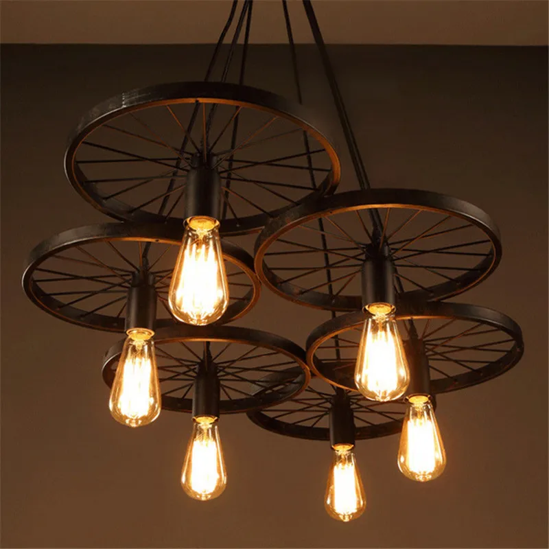 E27 6 Heads Loft Creative Pendant Lights Personality Retro Restaurant Bar American Industrial Wheel Pendant lamp Vintage Lights