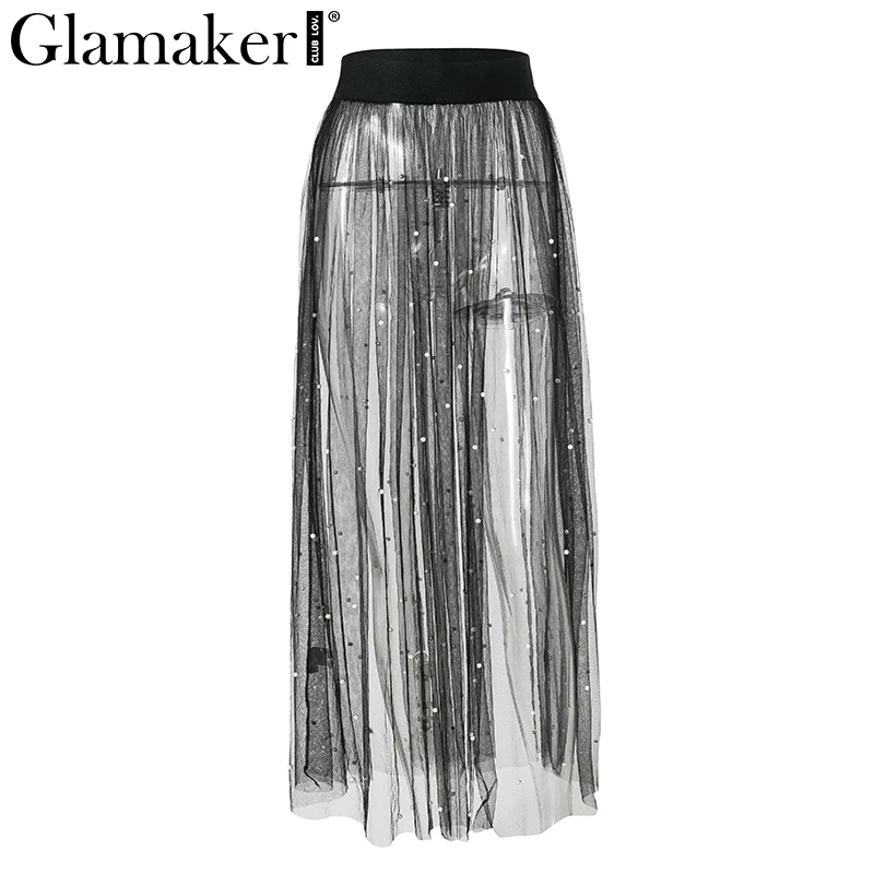 Glamaker, прозрачная сетчатая черная длинная юбка, летняя, расшитая бисером, сексуальная, высокая талия, юбка-пачка, для женщин, жемчужные, вечерние, Клубная, макси, фатиновая юбка - Цвет: Черный