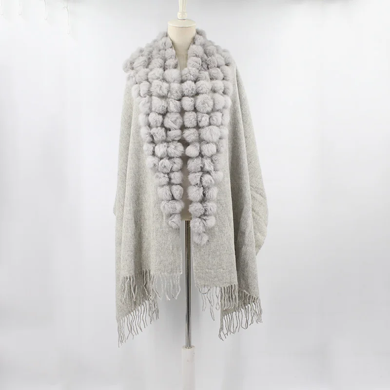 100% sheep fur cashmere shawl with real rabbit fur balls (19)
