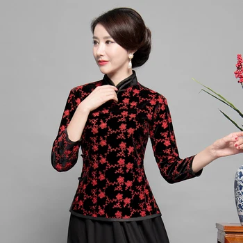 

Vintage Female Mandarin Collar Shirt Chinese Women Flower Clothing Classic Gold Velvet Tang Top Clothes Casual Party Blouse