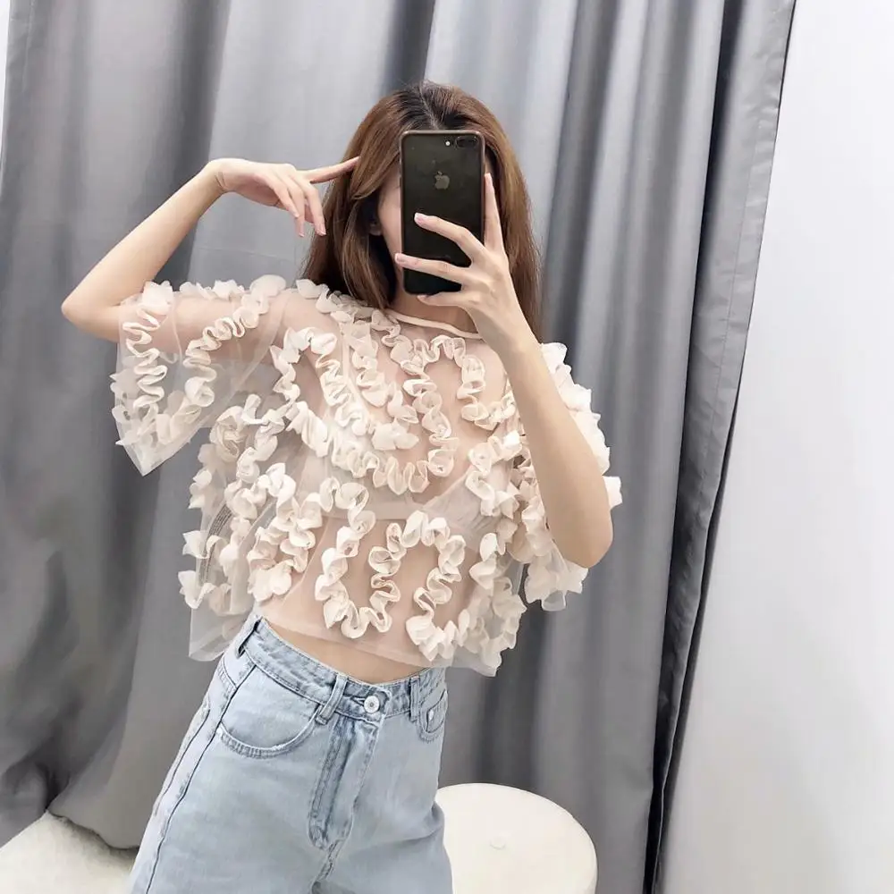 Summer beige mesh blouse shirt women top tulle see-through wavy Coiling decoration Casual stylish charming blouse femme blusas