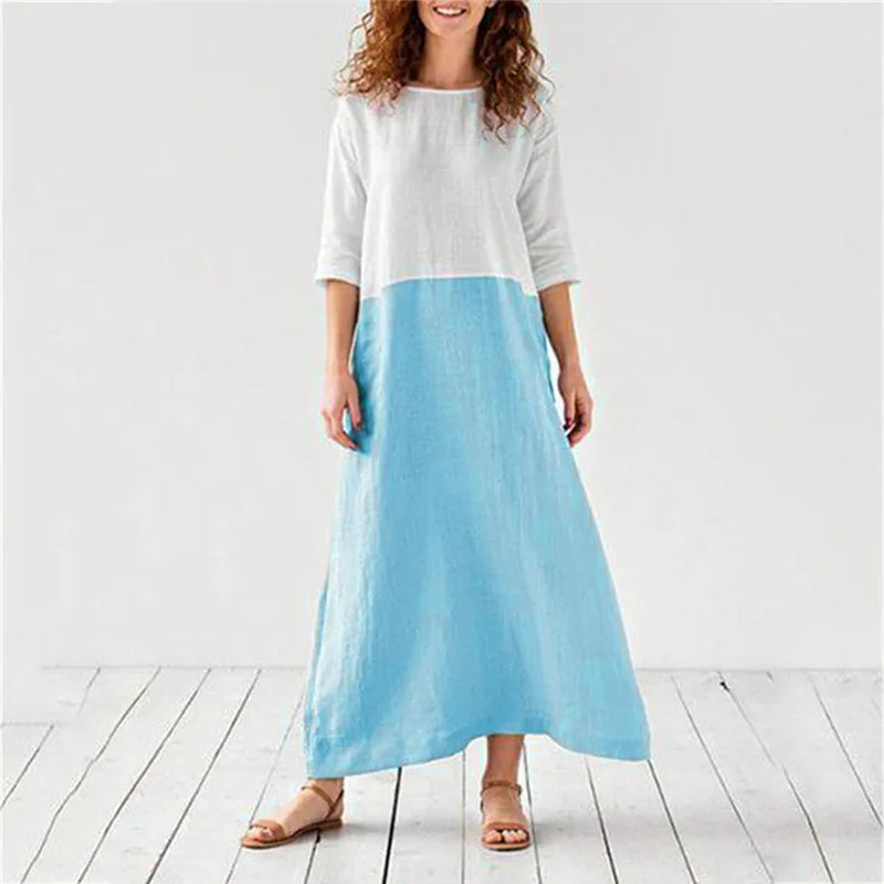

Women Spring Autumn Dress Plus Size Lady Solid O Neck Patchwork Summer Casual Shift Boho Maxi Dress Half Sleeve Loose Dress Jul