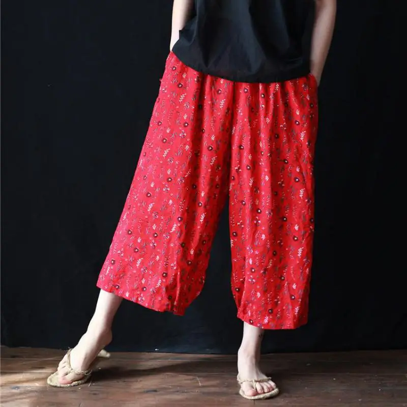 

Calf-length Pants Vintage Loose Mid Elastic Waist 2019 New Summer Pants Casual Comfortable Trousers Women Pants