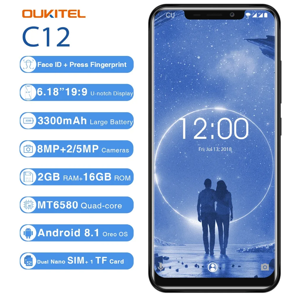 OUKITEL C12 Face ID 6,1" 19:9 смартфон с отпечатком пальца Android 8,1 мобильный телефон MTK6580 четырехъядерный 2G ram 16G rom Dual SIM разблокировка