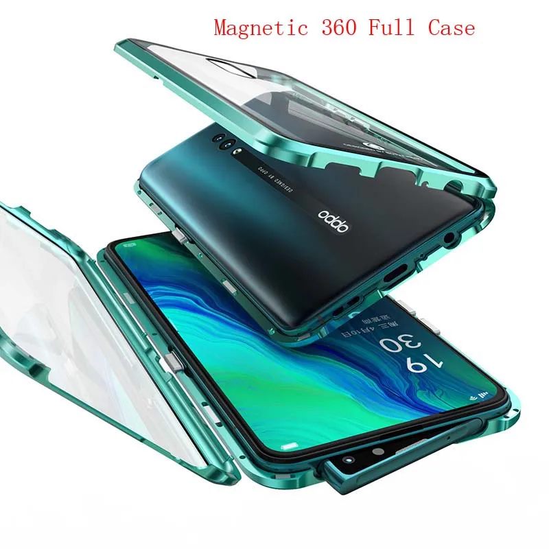 

Luxury Aluminum Metal Magnetic Case 360 Front+Back Double-Sided Tempered Glass Adsorption Cover For Oppo Reno 6.4 inch KS0163