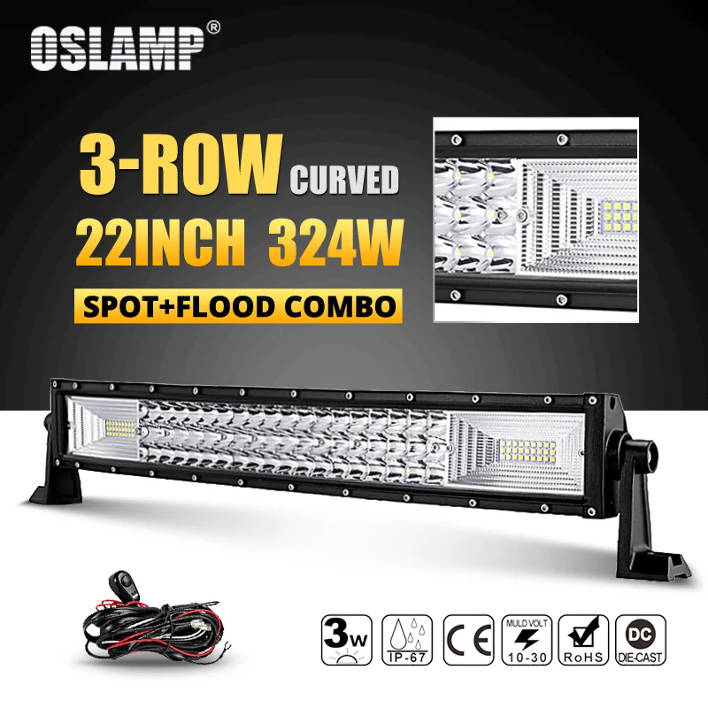 Oslamp 3 ряд 2" 324 Вт 34" 486W 4" 594 Вт 52" 702 Вт изогнутый СВЕТОДИОДНЫЙ светильник бар Offroad светодиодный бар пятно луча СВЕТОДИОДНЫЙ рабочий светильник бар 12v 24v - Цвет: 22inch and wire