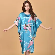 Сексуальная синий женский Шелковый район одеяние Ванна платье Ночная рубашка летние Повседневное домашнее платье с принтом павлина пижамы плюс Размеры 6XL DP1103